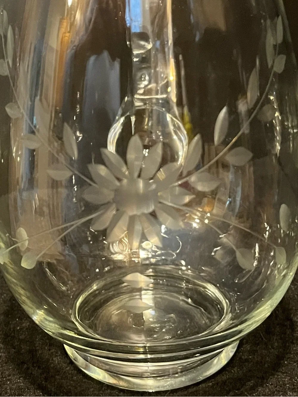 Vintage Clear Glass Pitcher with Delicate Etched Floral and Leaf Motif 4.5 Cup